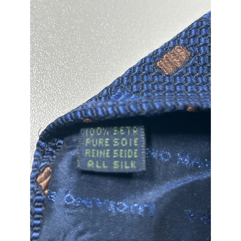 Luciano Barbera Mens Silk Tie Blue Brown Geometric Pattern Made in Italy Navy - Picture 4 of 6